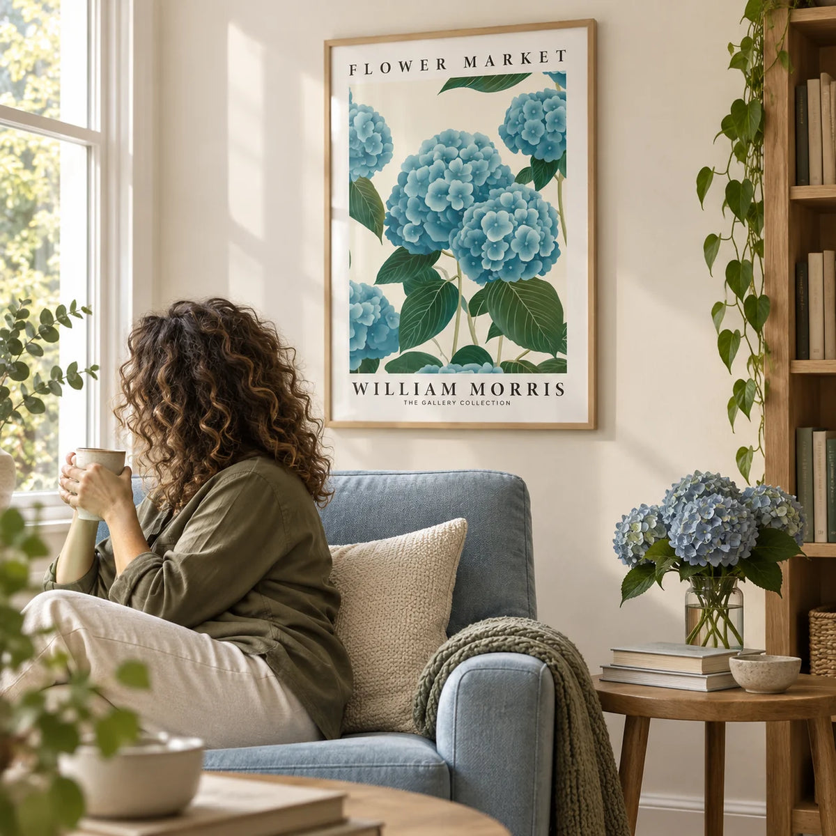Flower Market Prints, framed on the wall of a calm reading corner with a warm white wall in a living room