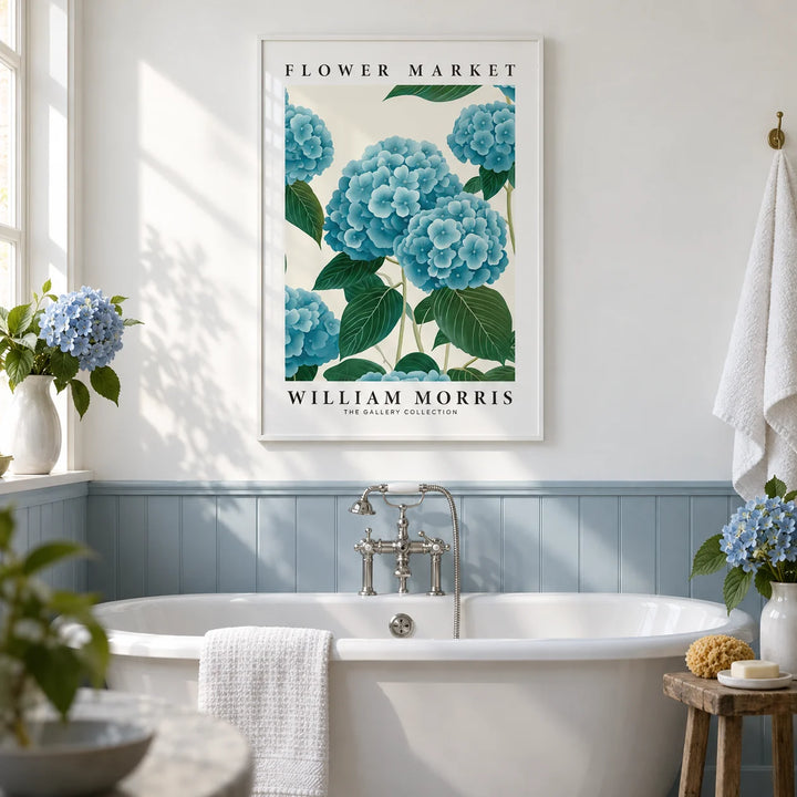 Flower Market Prints, framed on the wall of a fresh bathroom with plain white walls and a plain soft blue painted panelled wall below