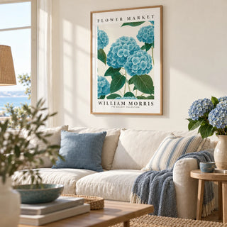 Flower Market Prints, framed on the wall of a relaxed coastal living room with a warm white wall