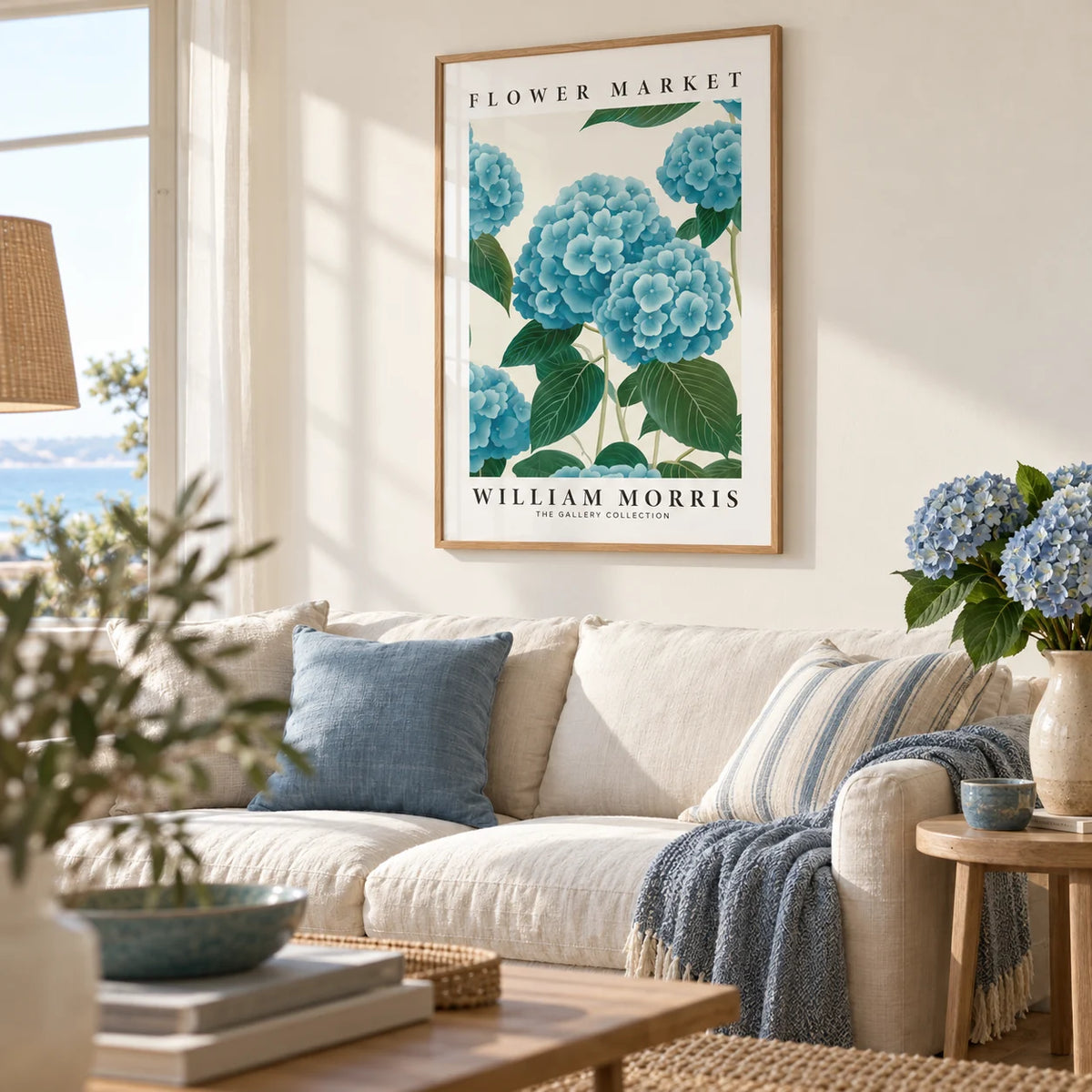 Flower Market Prints, framed on the wall of a relaxed coastal living room with a warm white wall