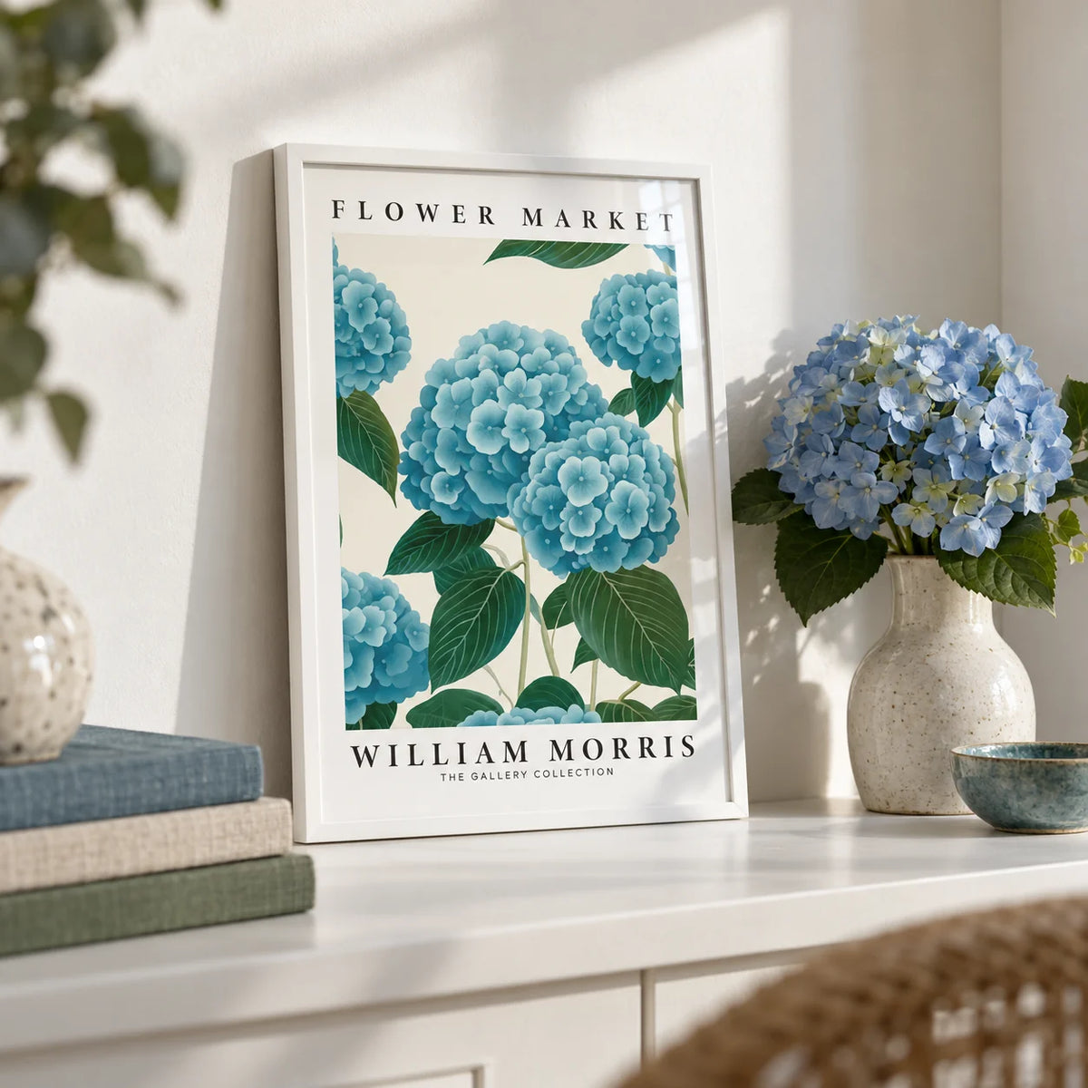 Flower Market Prints, a small A4 framed print leaning on a white shelf in a living room