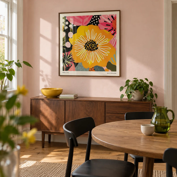 Flower Posters, framed on the wall of a compact contemporary dining room in a renovated UK terrace with a pale pink wall and oak floor