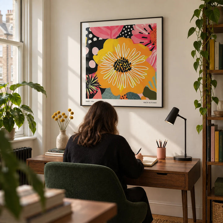 Flower Posters, framed on the wall of a design-conscious home study in a UK flat with an off-white wall and a dark green upholstered desk chair