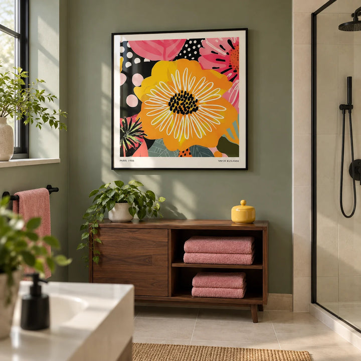 Flower Posters, framed on the wall of a modern bathroom in a UK home with a muted green painted wall