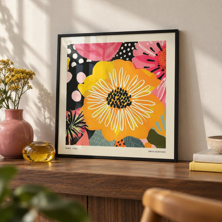Flower Posters, a small A4 framed print leaning on a walnut shelf in a living room