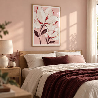 Flower Print, framed on the wall of a calm contemporary bedroom with a pale blush wall