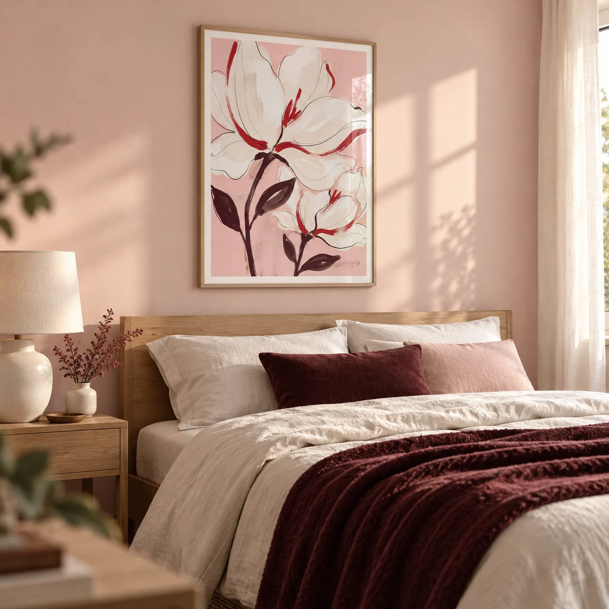 Flower Print, framed on the wall of a calm contemporary bedroom with a pale blush wall