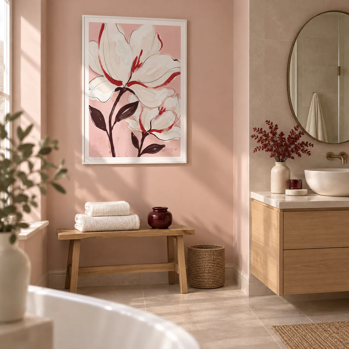 Flower Print, framed on the wall of a contemporary bathroom with a pale blush painted wall