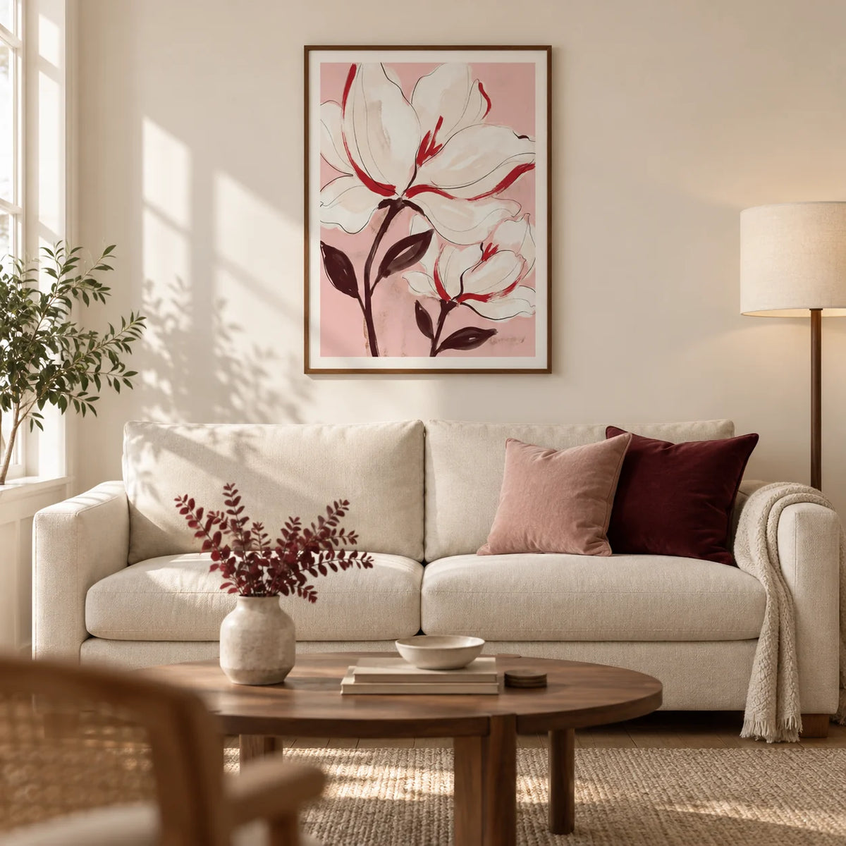 Flower Print, framed on the wall of a contemporary living room in a UK terraced house with warm white walls and oak floorboards