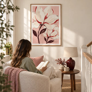 Flower Print, framed on the wall of a quiet reading corner on a bright landing with a warm white wall in a living room