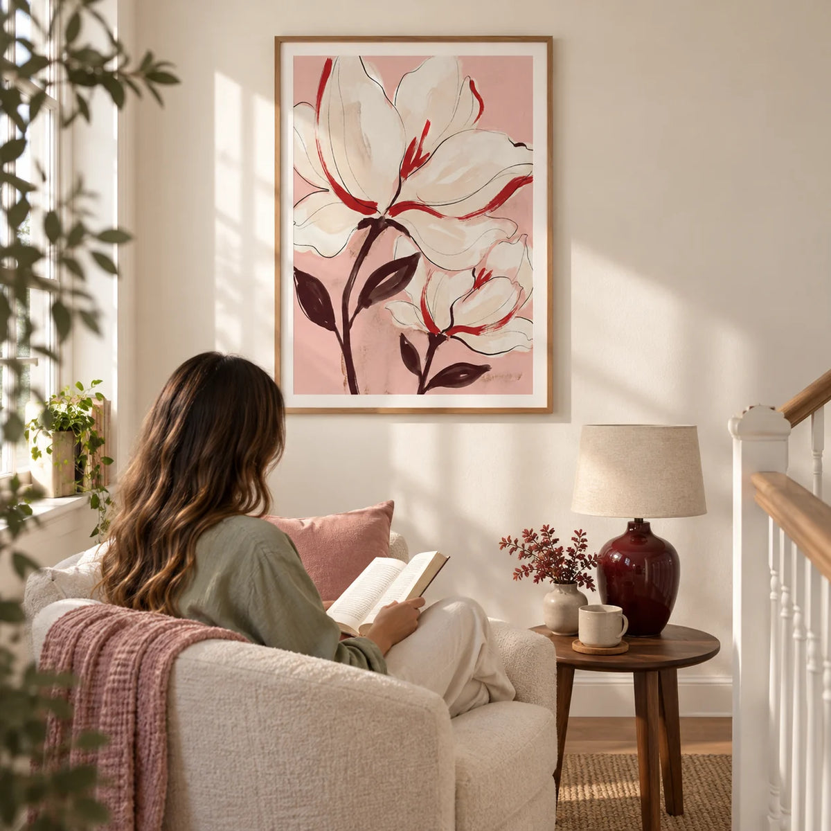 Flower Print, framed on the wall of a quiet reading corner on a bright landing with a warm white wall in a living room