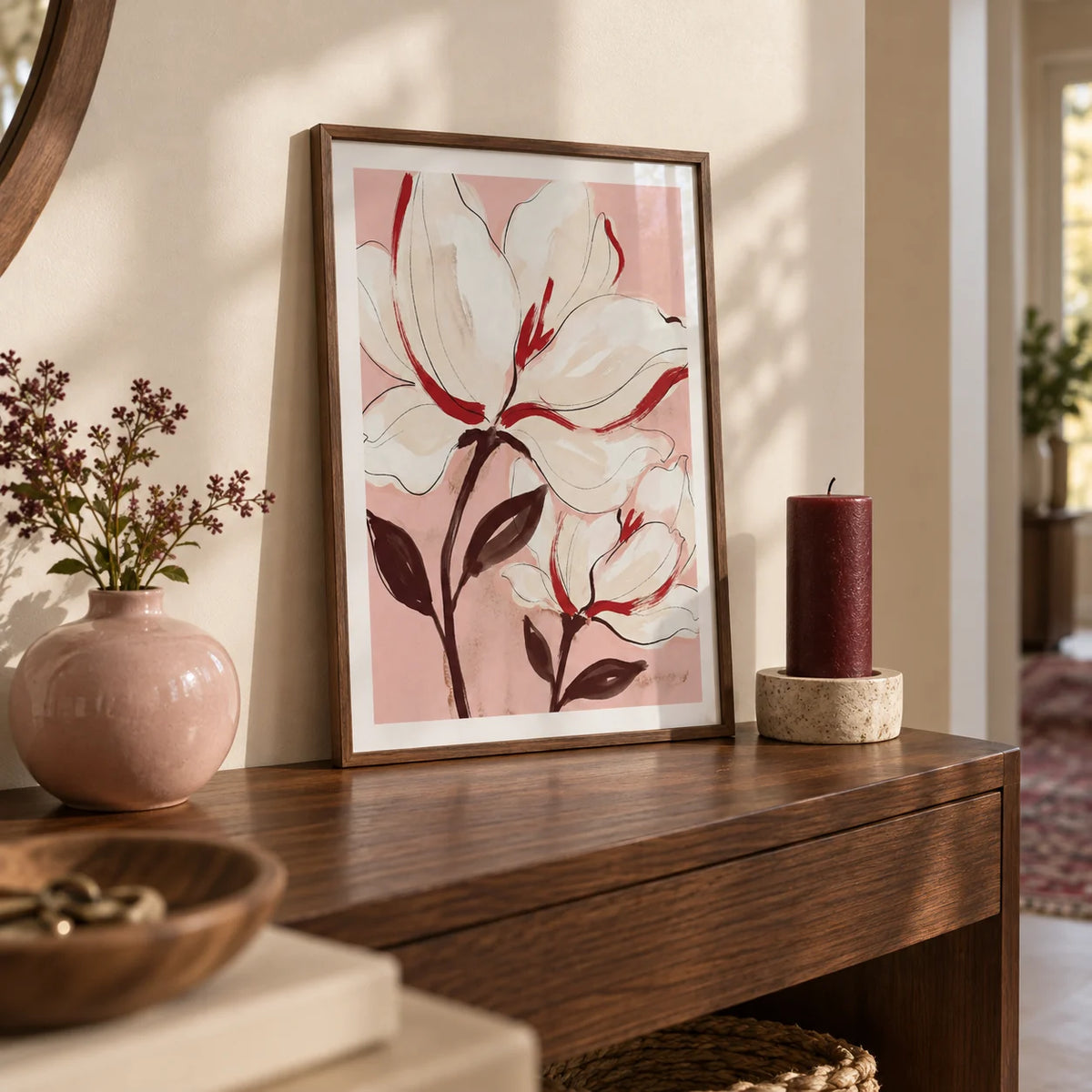 Flower Print, a small A4 framed print leaning on a walnut hallway side table
