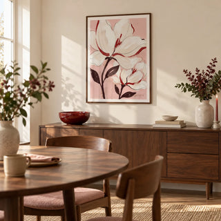 Flower Print, framed on the wall of a warm modern dining room in a UK flat with ivory walls
