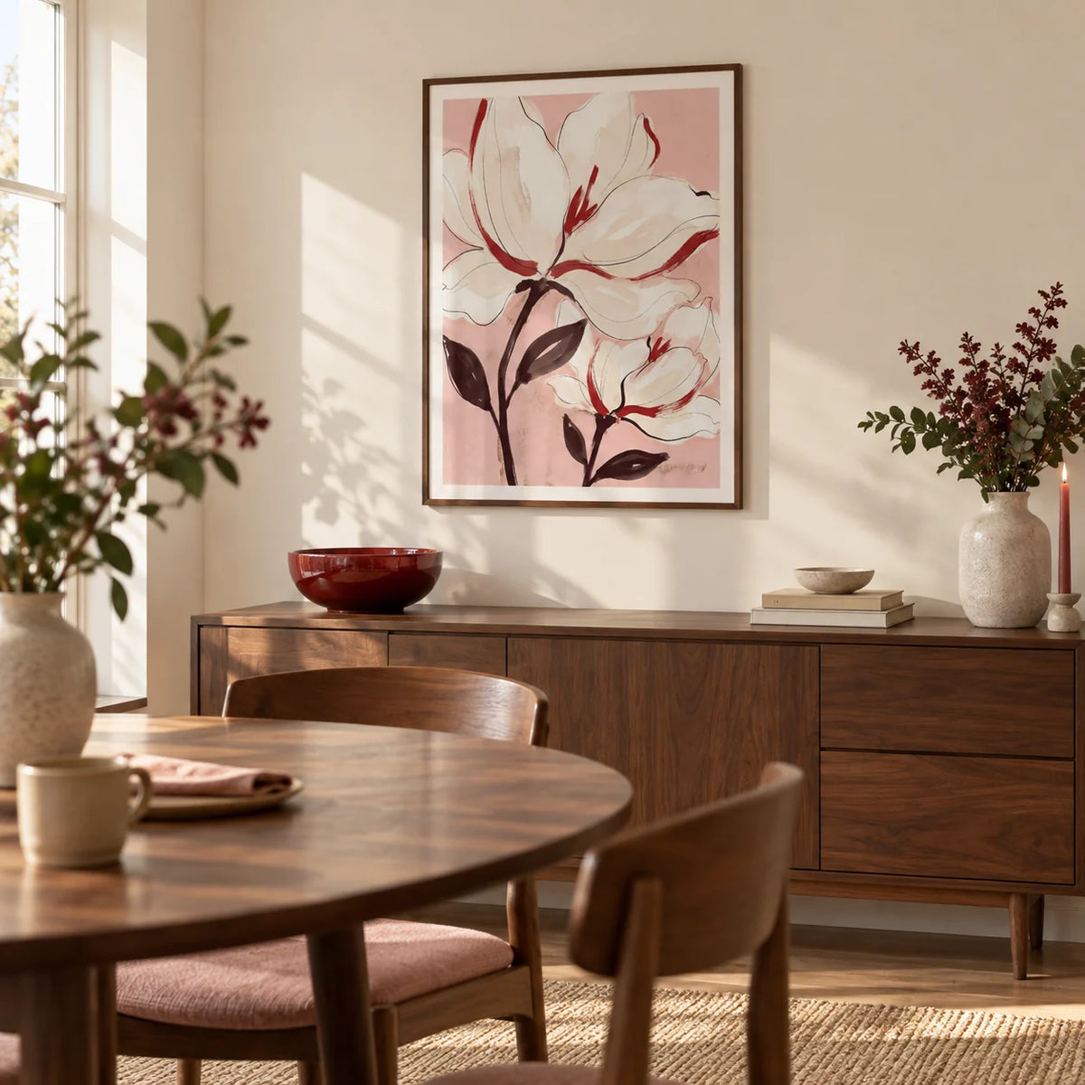 Flower Print, framed on the wall of a warm modern dining room in a UK flat with ivory walls