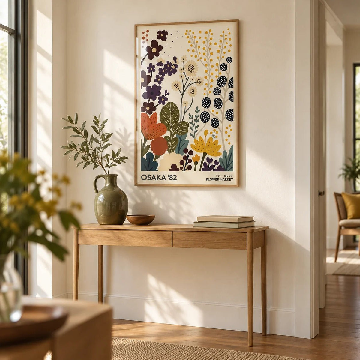 Flower Prints Art, framed on the wall of a bright hallway with a cream wall