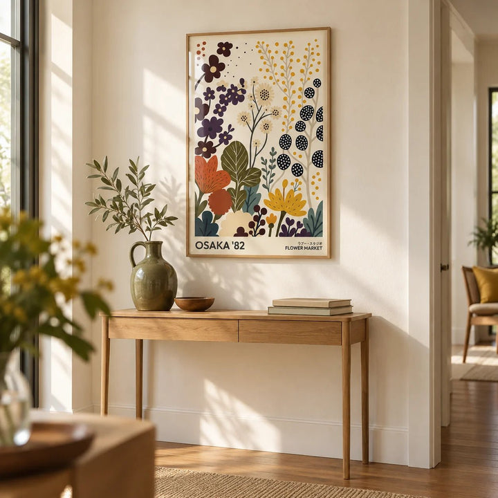 Flower Prints Art, framed on the wall of a bright hallway with a cream wall