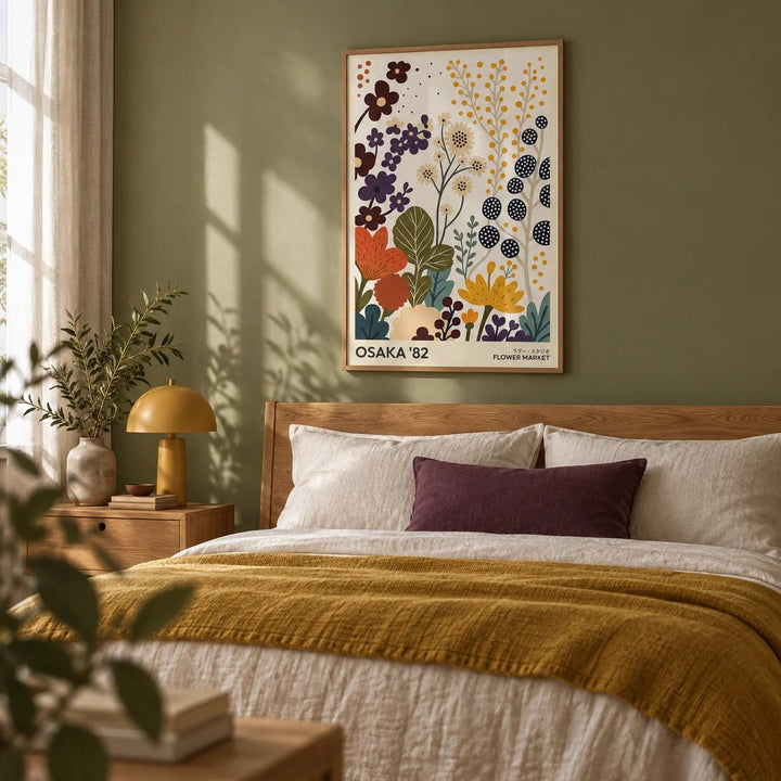 Flower Prints Art, framed on the wall of a calm bedroom with a soft olive green painted wall