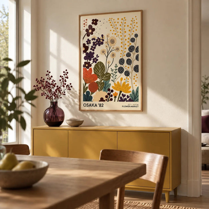 Flower Prints Art, framed on the wall of a dining room with a mustard painted sideboard