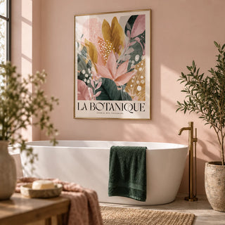 Flower Prints, framed on the wall of a calm bathroom with plain blush pink walls
