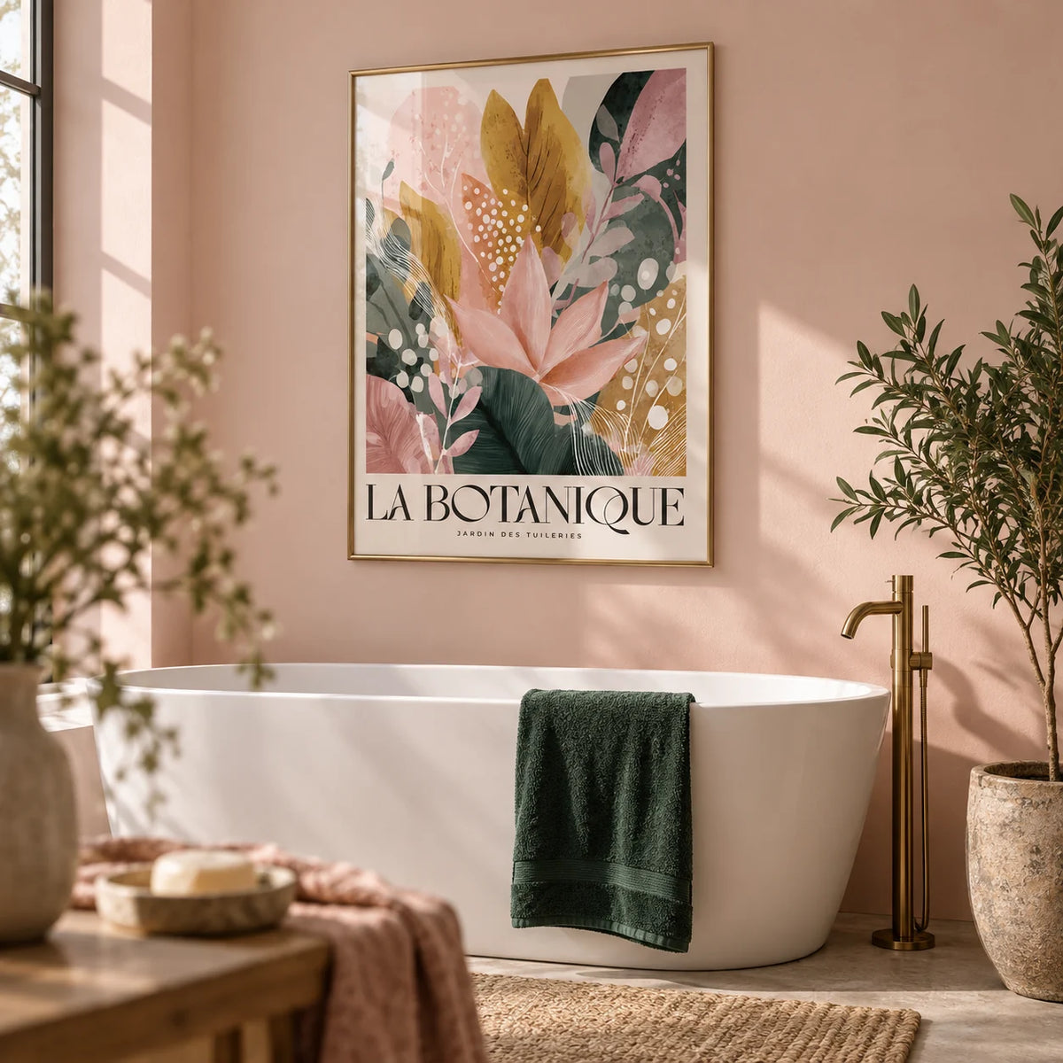 Flower Prints, framed on the wall of a calm bathroom with plain blush pink walls