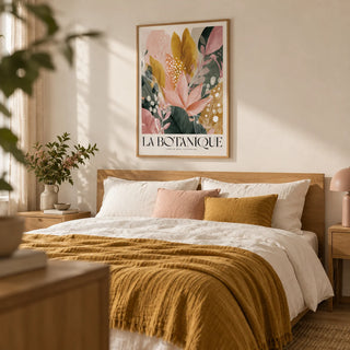 Flower Prints, framed on the wall of a calm bedroom with a warm white wall