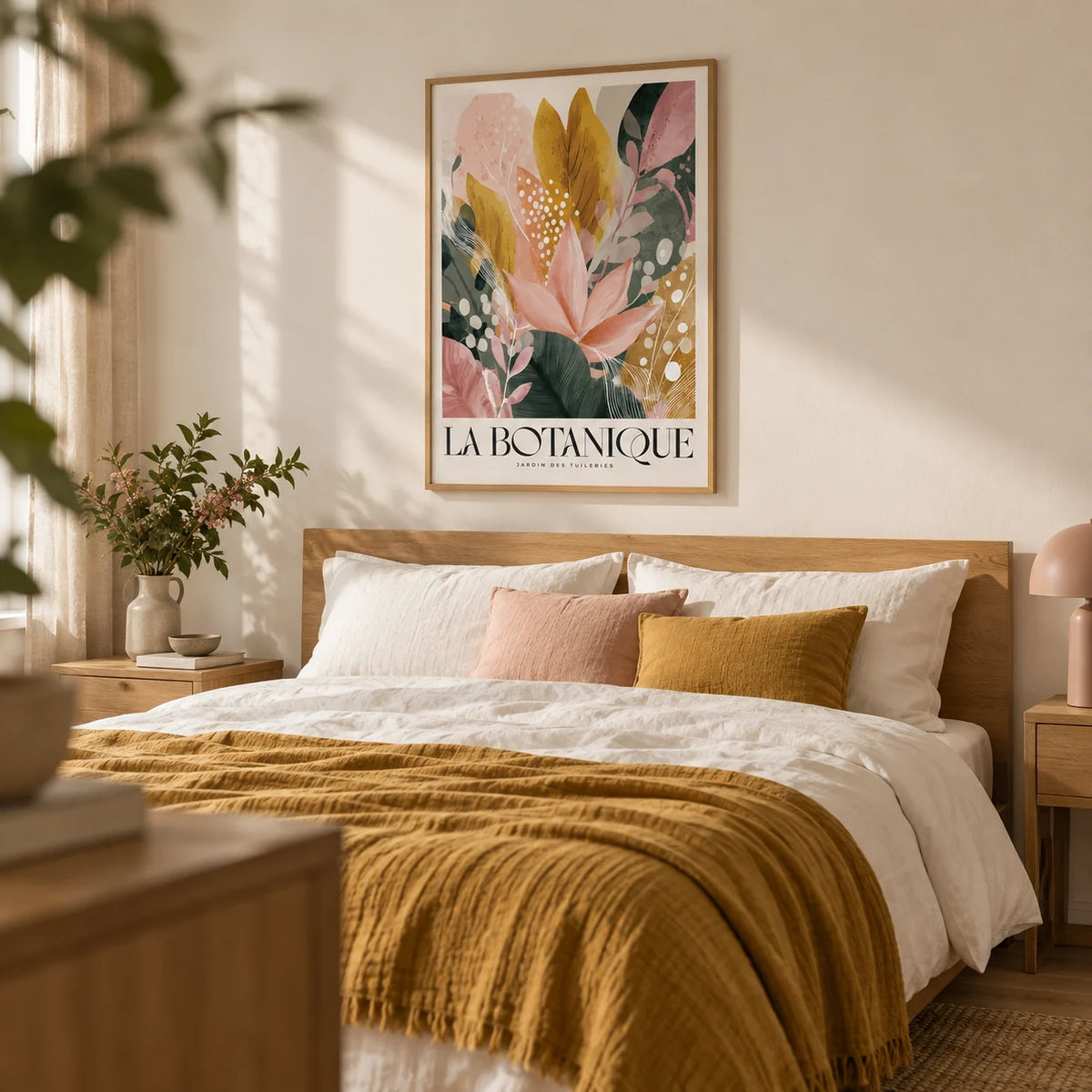 Flower Prints, framed on the wall of a calm bedroom with a warm white wall