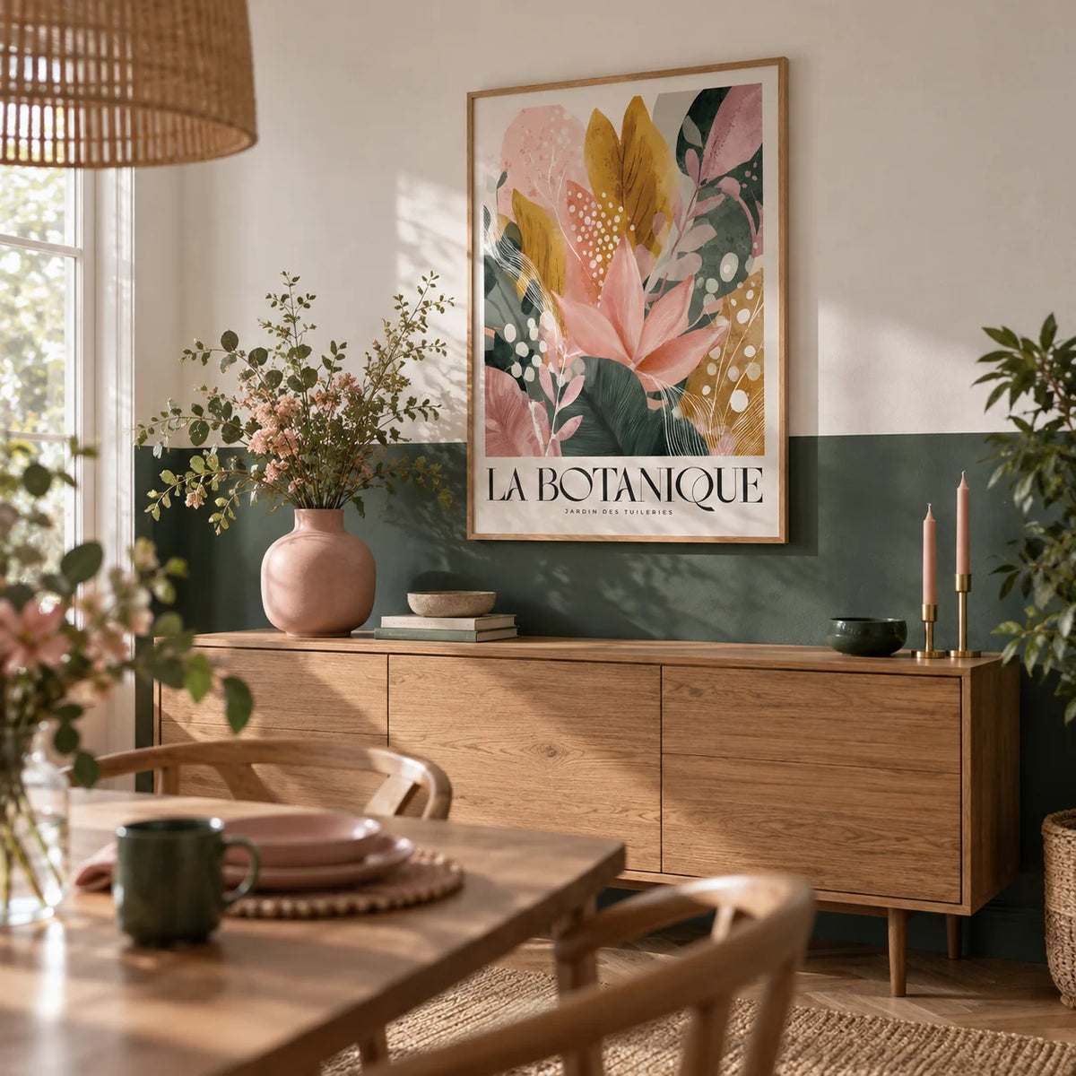 Flower Prints, framed on the wall of a dining room with a plain dark green lower wall and white above