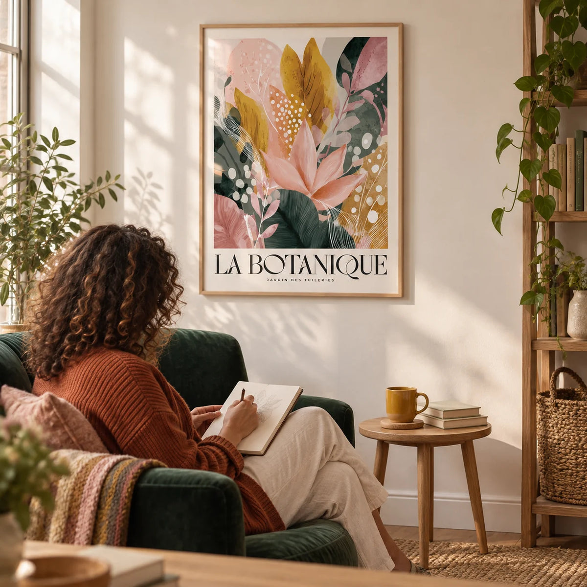 Flower Prints, framed on the wall of a reading corner with a warm white wall in a living room