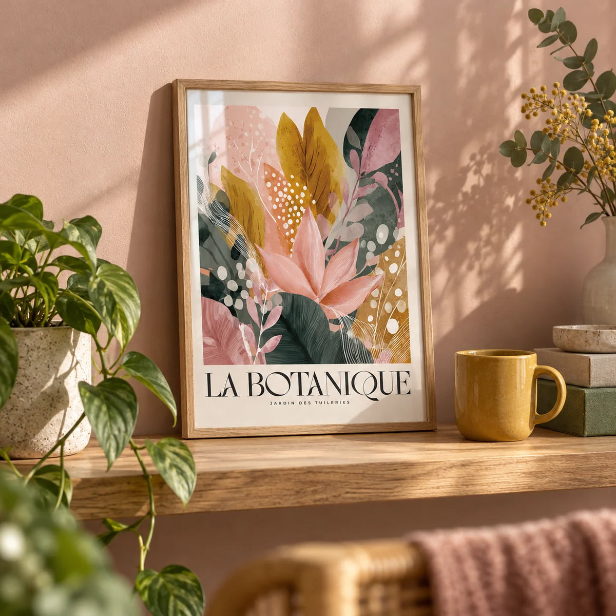 Flower Prints, a small A4 framed print leaning on an oak shelf in a living room