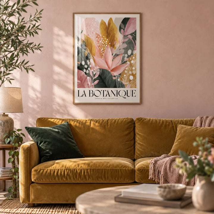 Flower Prints, framed on the wall of a warm living room with a plain blush pink limewashed wall