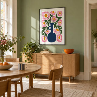 Flower Vase Print, framed on the wall of a bright modern dining room in a Victorian terrace with a muted green wall and pale timber floor