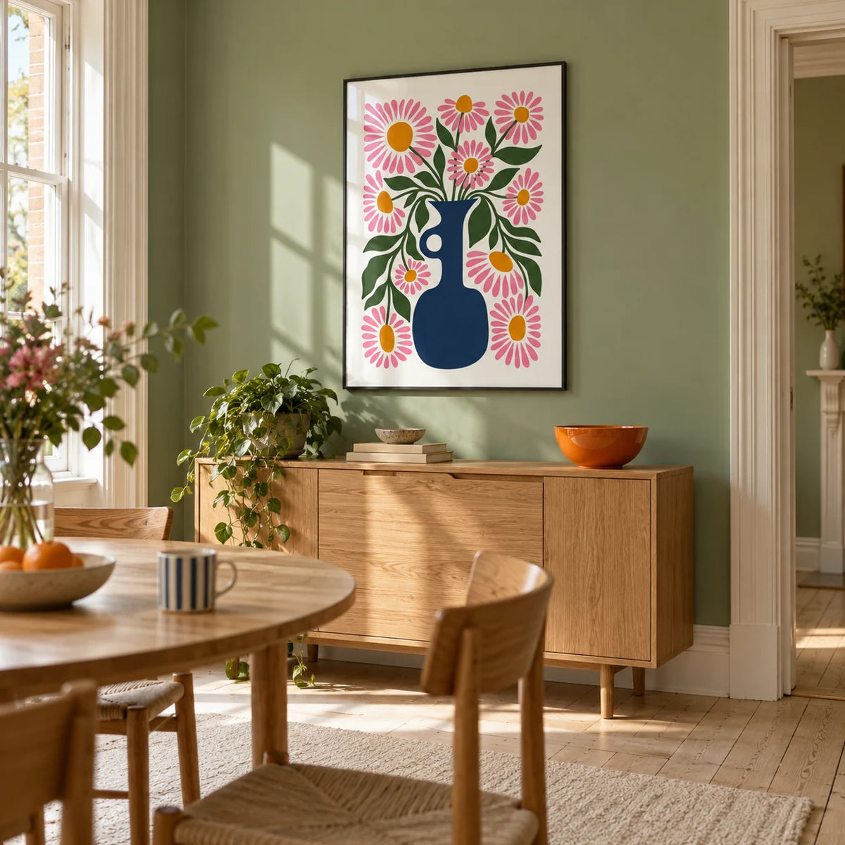 Flower Vase Print, framed on the wall of a bright modern dining room in a Victorian terrace with a muted green wall and pale timber floor