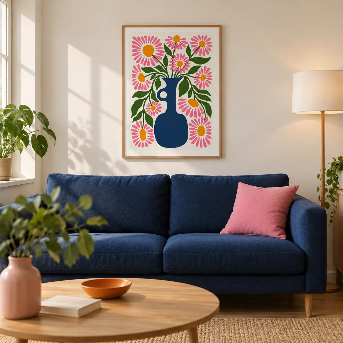 Flower Vase Print, framed on the wall of a contemporary living room in a UK city flat with warm white walls and an oak floor