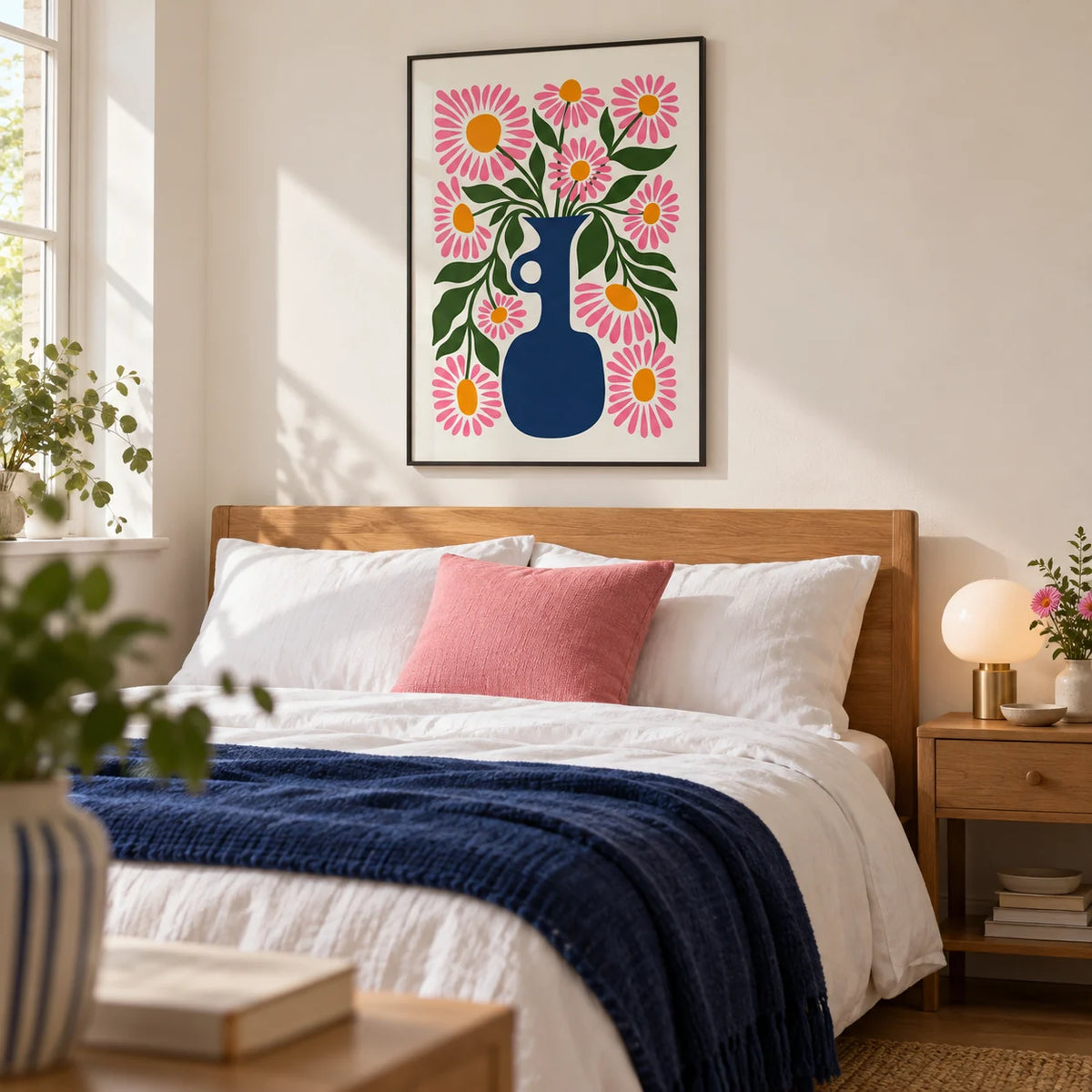 Flower Vase Print, framed on the wall of a crisp contemporary bedroom in a UK home with an ivory wall and warm oak furniture