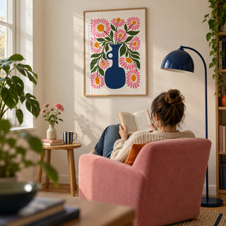 Flower Vase Print, framed on the wall of a design-led reading corner in a first flat for an adult aged 22-28 with an ivory wall in a living room