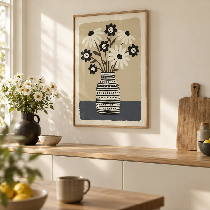 Flower Vase Wall Art, framed on the wall of a calm cream kitchen with plain handleless cabinets
