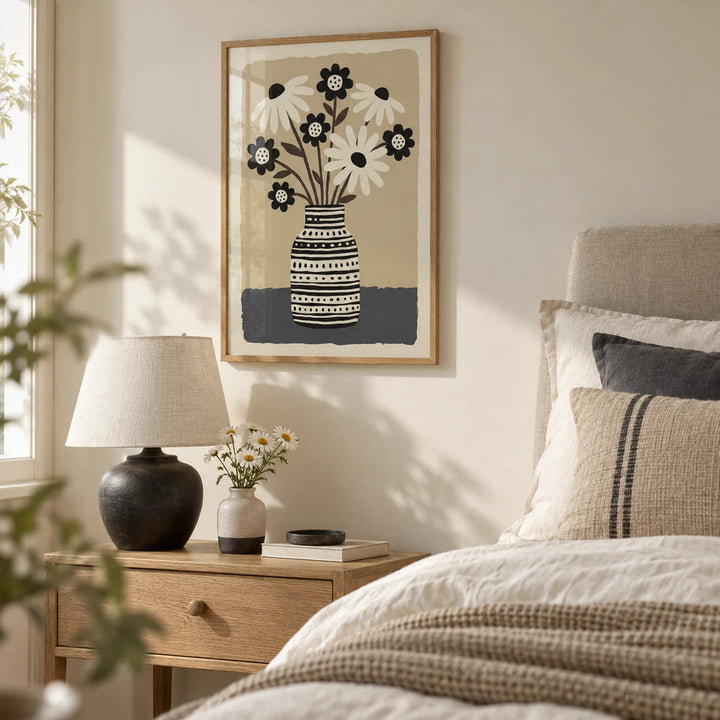 Flower Vase Wall Art, framed on the wall of a calm neutral bedroom