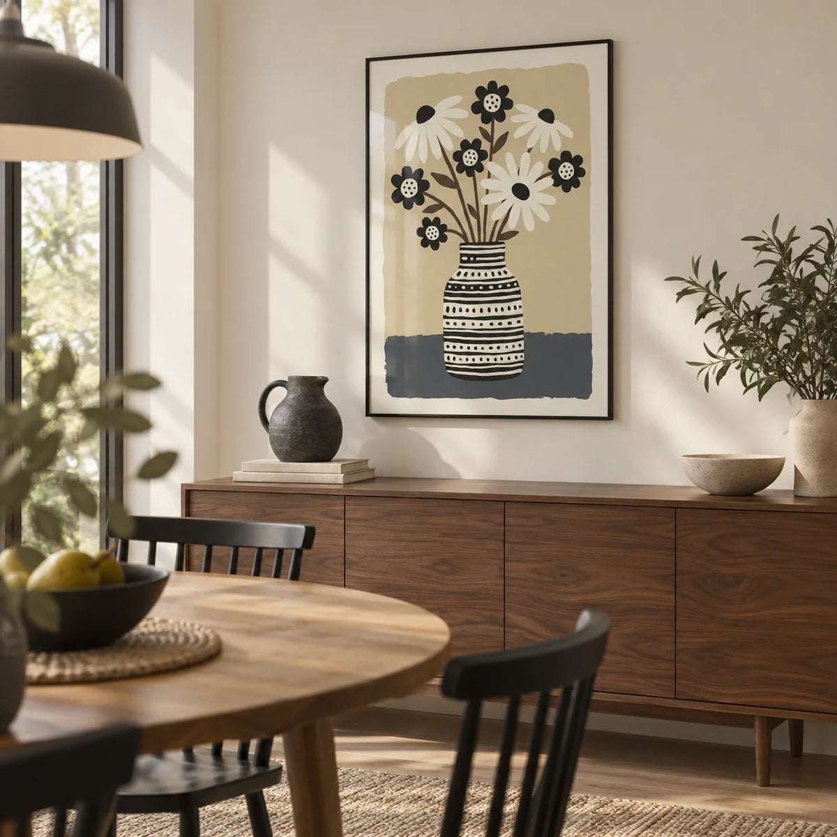 Flower Vase Wall Art, framed on the wall of a modern dining room