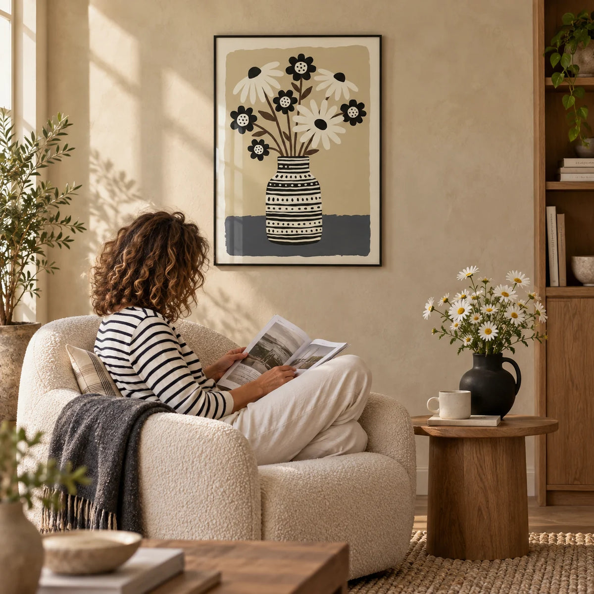 Flower Vase Wall Art, framed on the wall of a modern neutral living room with a warm sand limewashed wall