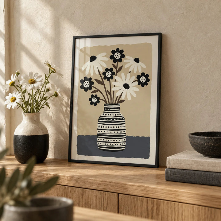 Flower Vase Wall Art, a small A4 framed print leaning on an oak shelf in a living room