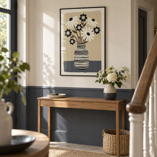 Flower Vase Wall Art, framed on the wall of a welcoming hallway with a slate grey painted lower wall and a cream upper wall