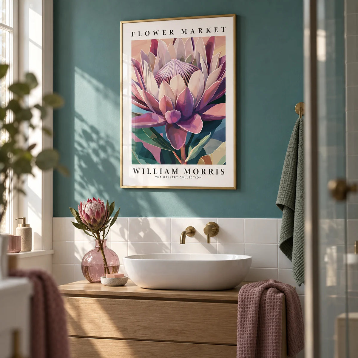 Flower Wall Art, framed on the wall of a calm bathroom with a teal painted wall and plain white tiles