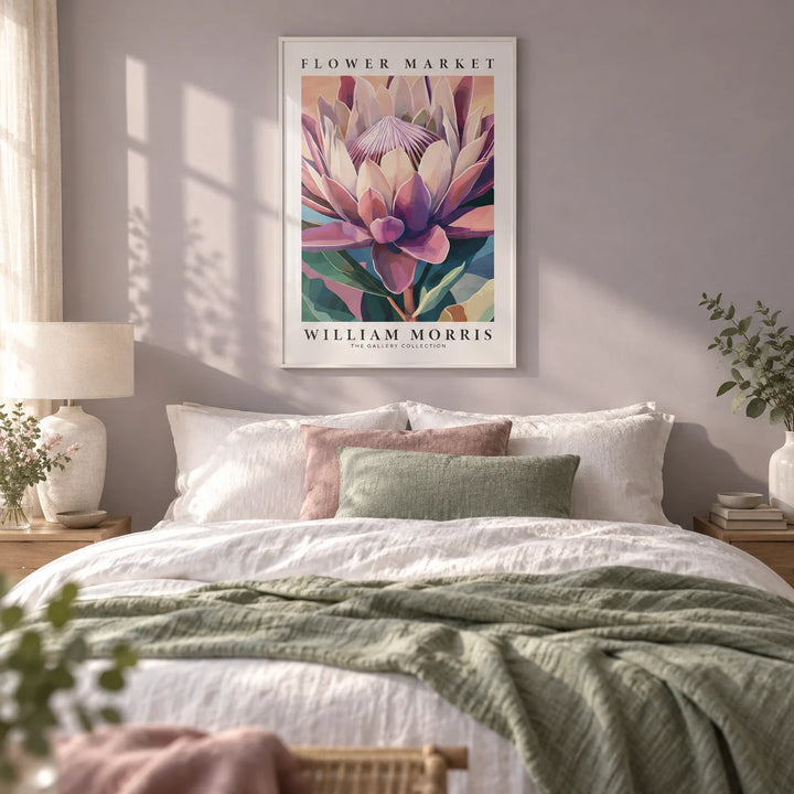 Flower Wall Art, framed on the wall of a calm bedroom with a soft lilac grey wall