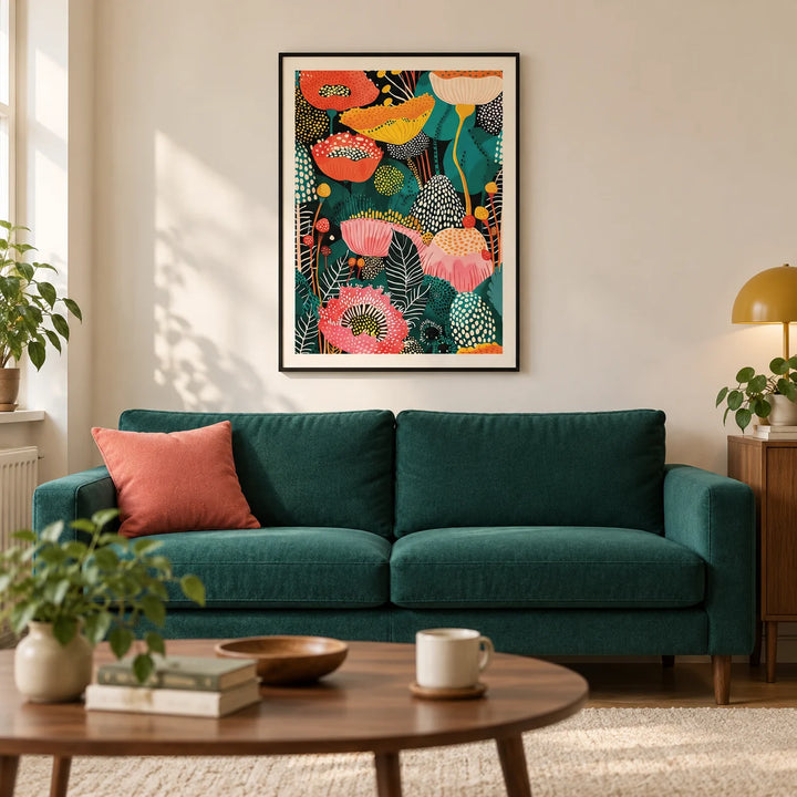 Flower Wall Art Decor, framed on the wall of a modern living room in a UK terraced home with warm white walls and an oak floor