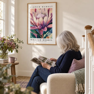 Flower Wall Art, framed on the wall of a quiet reading nook on a landing with a warm white wall in a living room