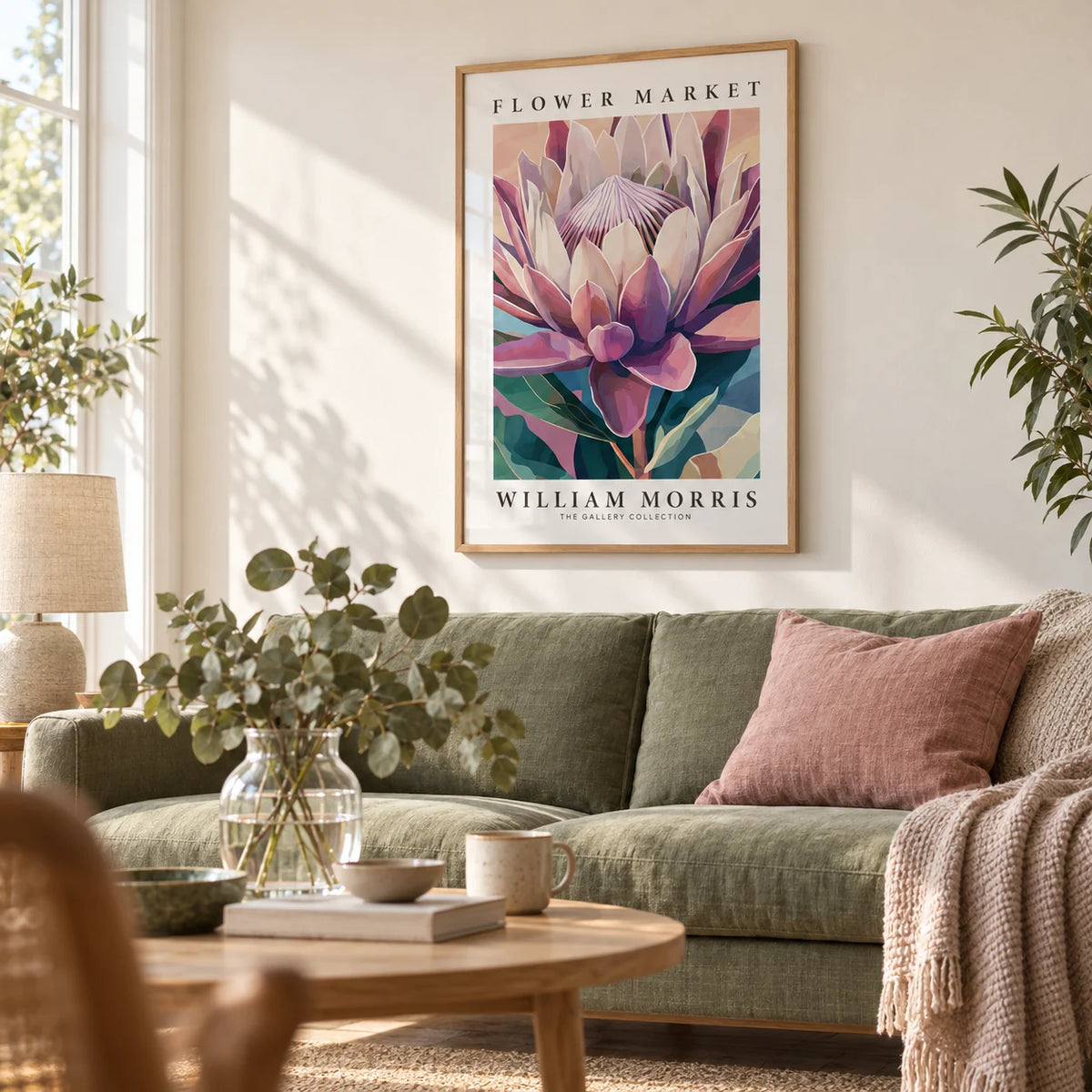Flower Wall Art, framed on the wall of a soft modern living room with a warm white wall
