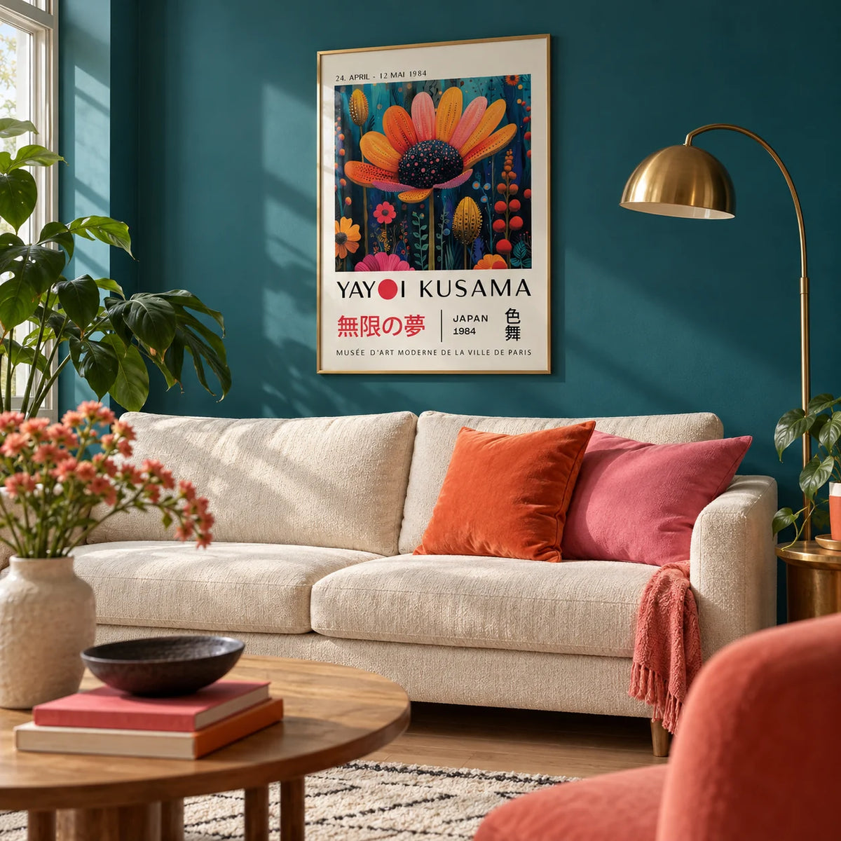 Flower Wall Decor, framed on the wall of a bold living room with a deep teal painted wall and a pale oak floor
