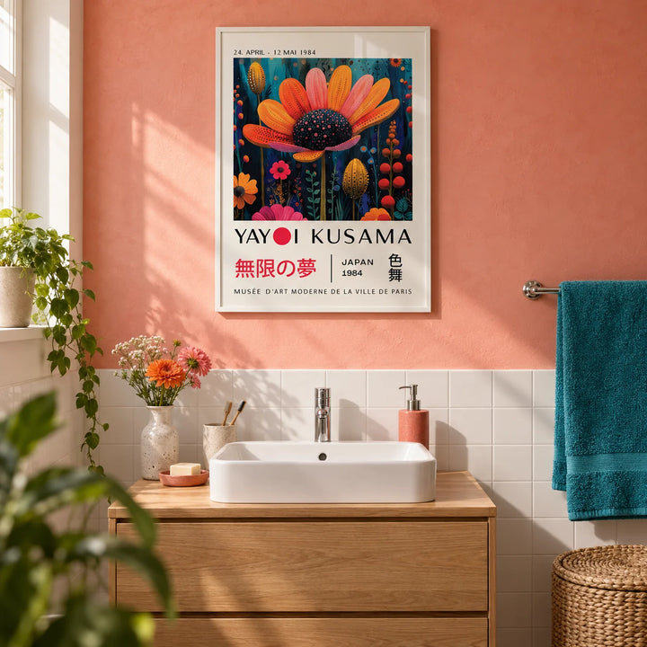 Flower Wall Decor, framed on the wall of a bright bathroom with a soft coral pink plaster wall and plain white tiles below