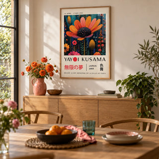 Flower Wall Decor, framed on the wall of a garden room dining area with a warm white wall