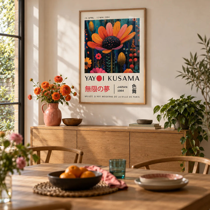 Flower Wall Decor, framed on the wall of a garden room dining area with a warm white wall